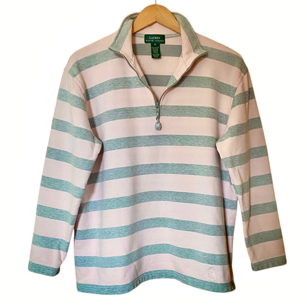 Lauren Ralph Lauren Women’s 1/4 Zip Cotton Pullover Peachy Pink & Gray Stripe M